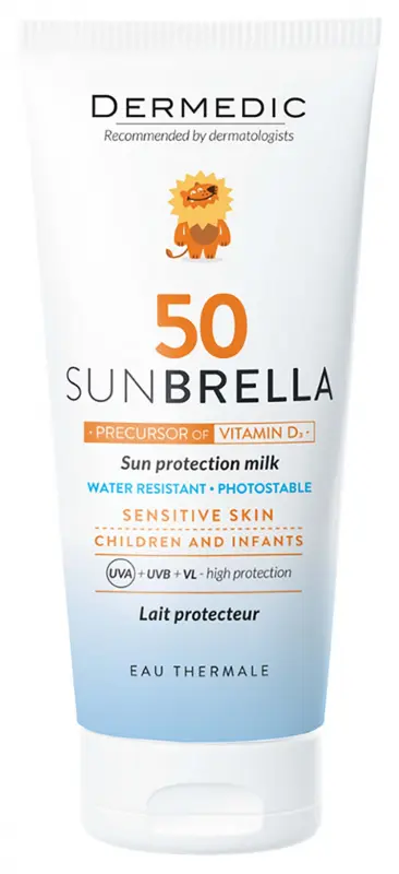 DERMEDIC Sunbrella Baby Napfényvédő tej gyermekeknek és babáknak SPF50 már egy hónapos kortól 100 ml DERMEDIC Sunbrella Baby Napfényvédő tej gyermekeknek és babáknak SPF50 már egy hónapos kortól 100 ml