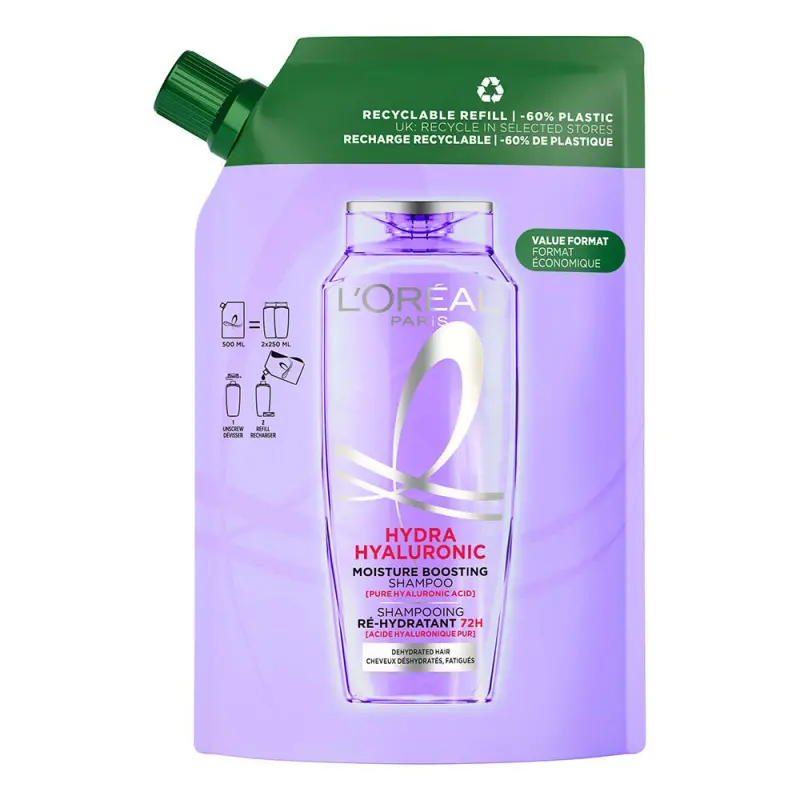 L'ORÉAL PARIS Elseve Hyaluron Plump Akár 72 órán át hidratáló sampon hialuronsavval utántöltő 500 ml